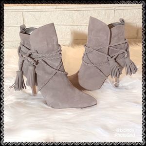 SCHUTZ Fadhila Mouse Gray Suede Leather Booties w/Rope & Tassel Ties